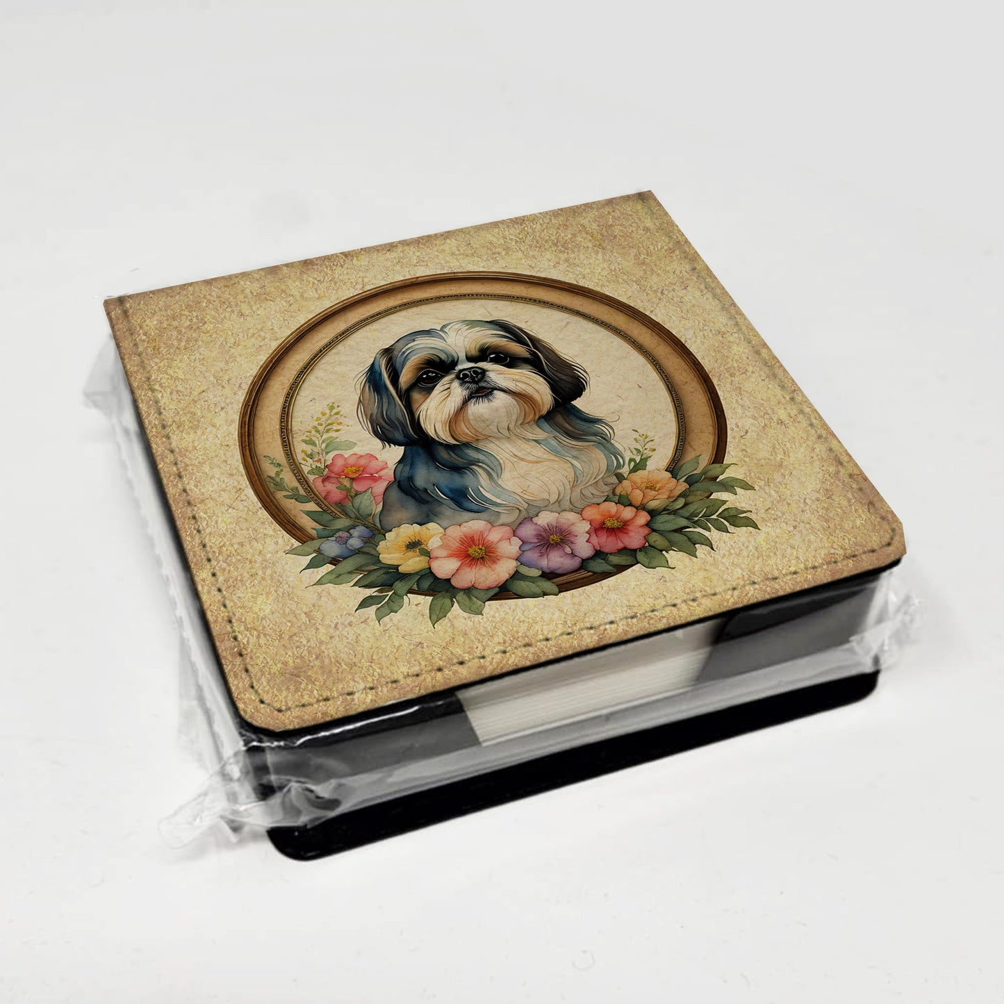 Shih Tzu and Flowers PU Leather Note Paper Holder
