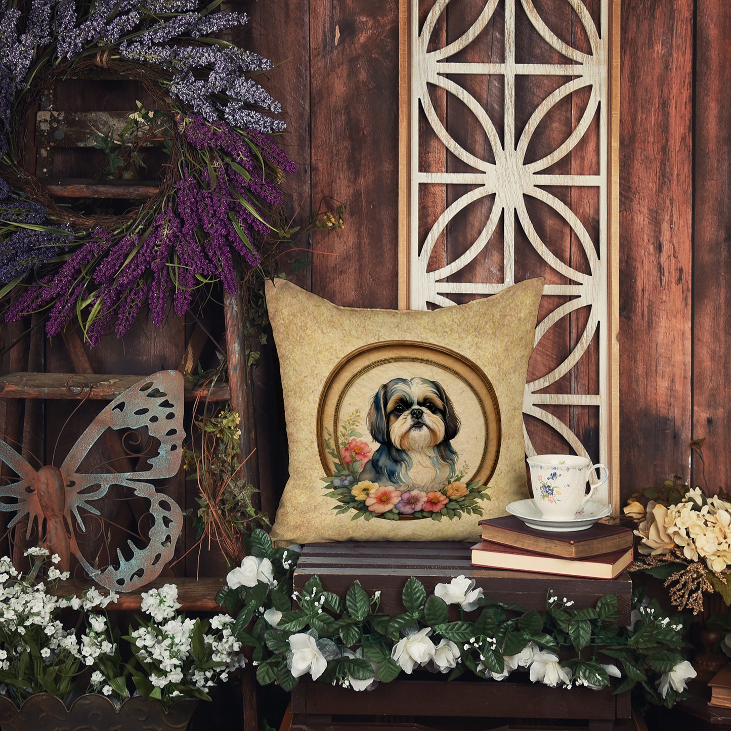 Shih Tzu and Flowers Throw Pillow