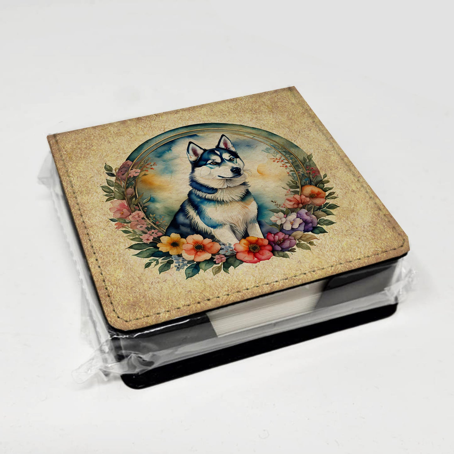 Siberian Husky and Flowers PU Leather Note Paper Holder
