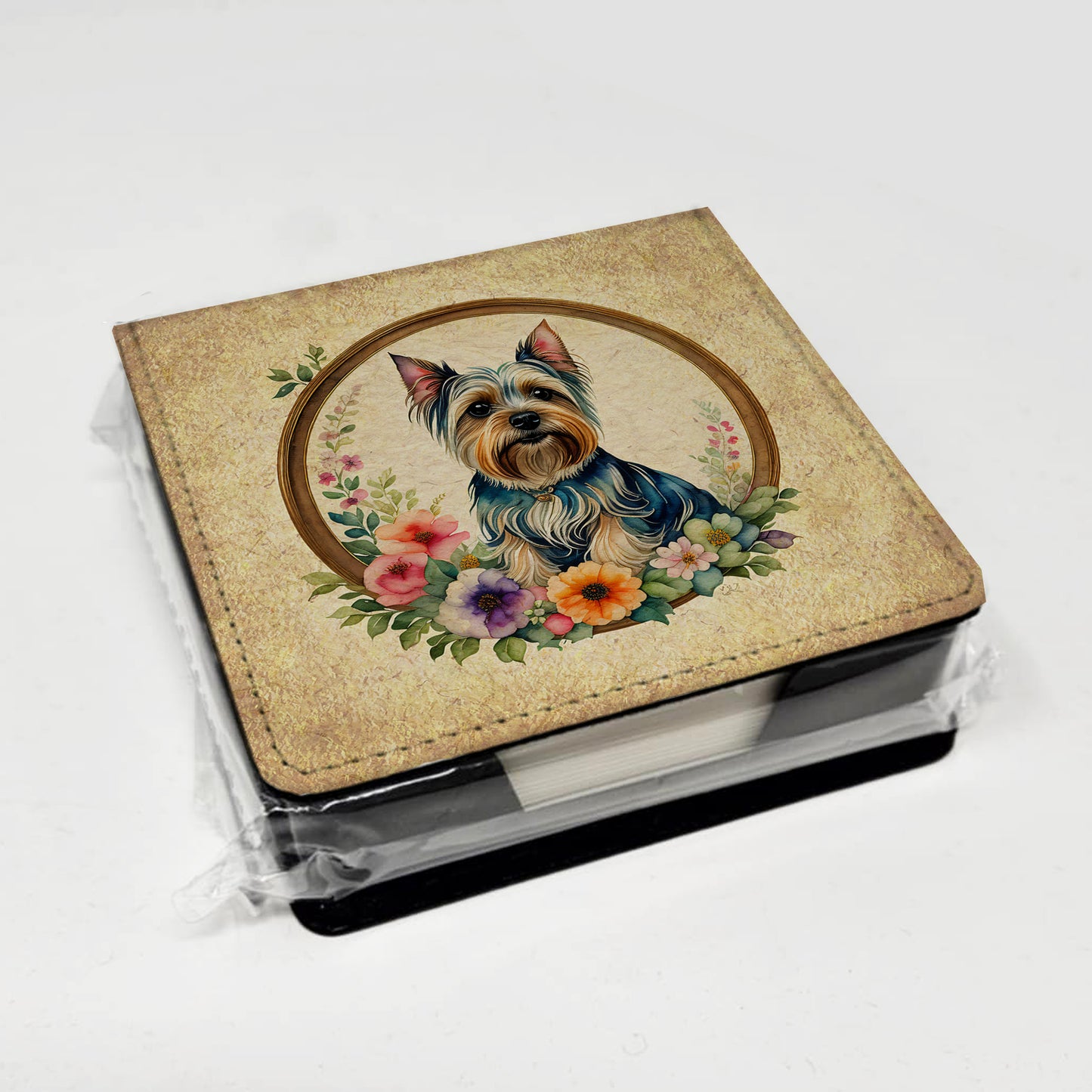 Silky Terrier and Flowers PU Leather Note Paper Holder