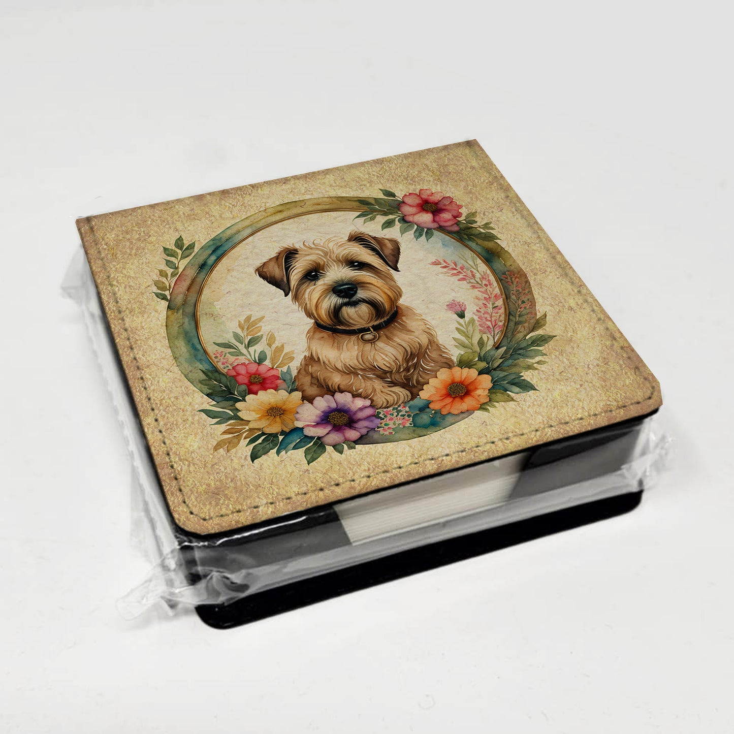 Wheaten Terrier and Flowers PU Leather Note Paper Holder