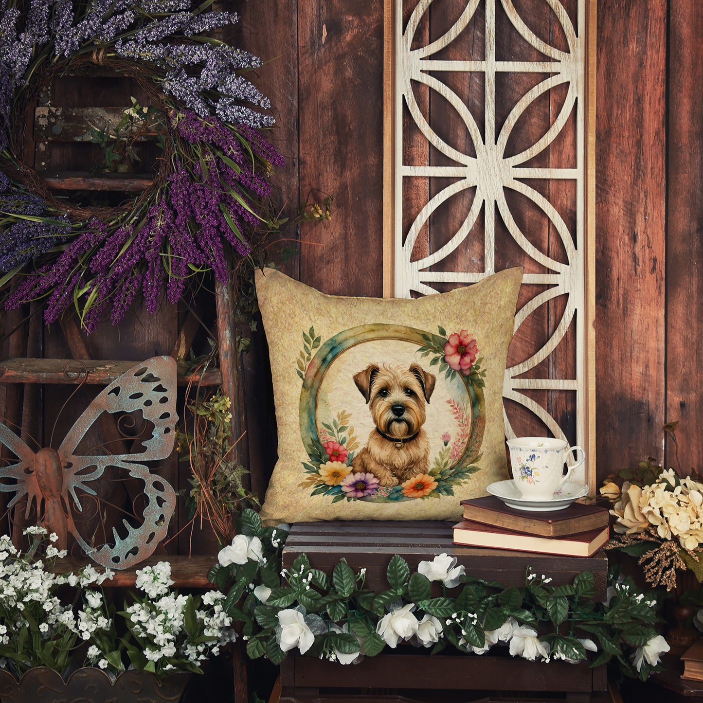 Wheaten Terrier and Flowers Throw Pillow