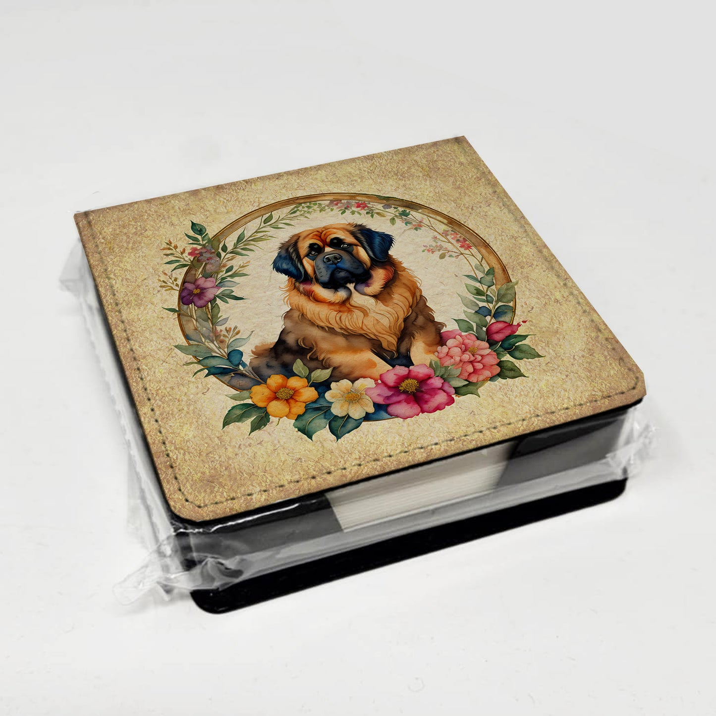 Tibetan Mastiff and Flowers PU Leather Note Paper Holder