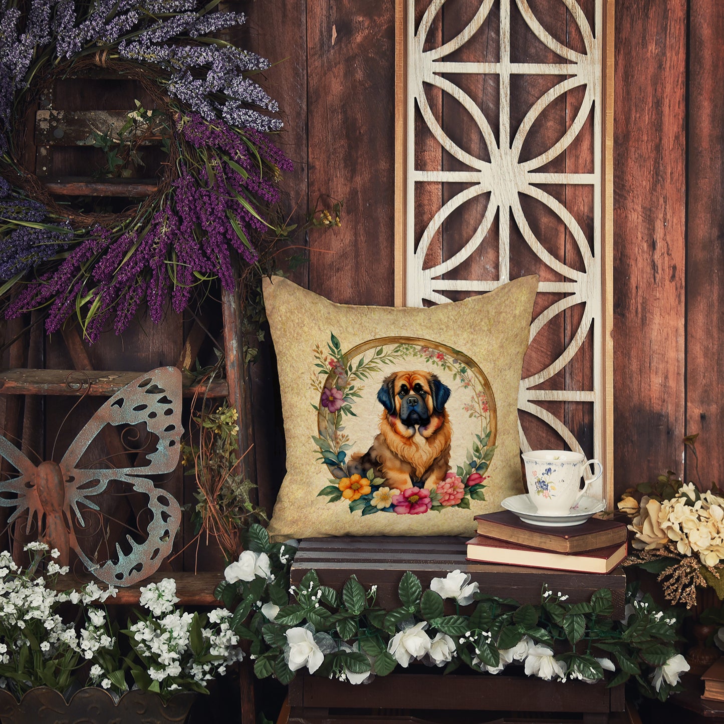 Tibetan Mastiff and Flowers Throw Pillow