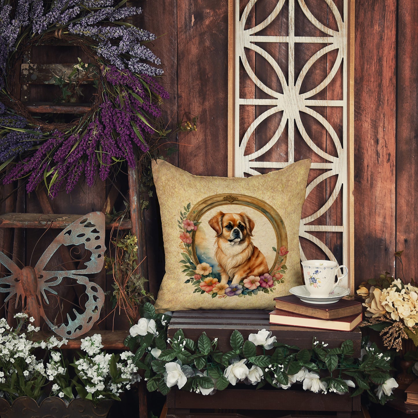 Tibetan Spaniel and Flowers Throw Pillow
