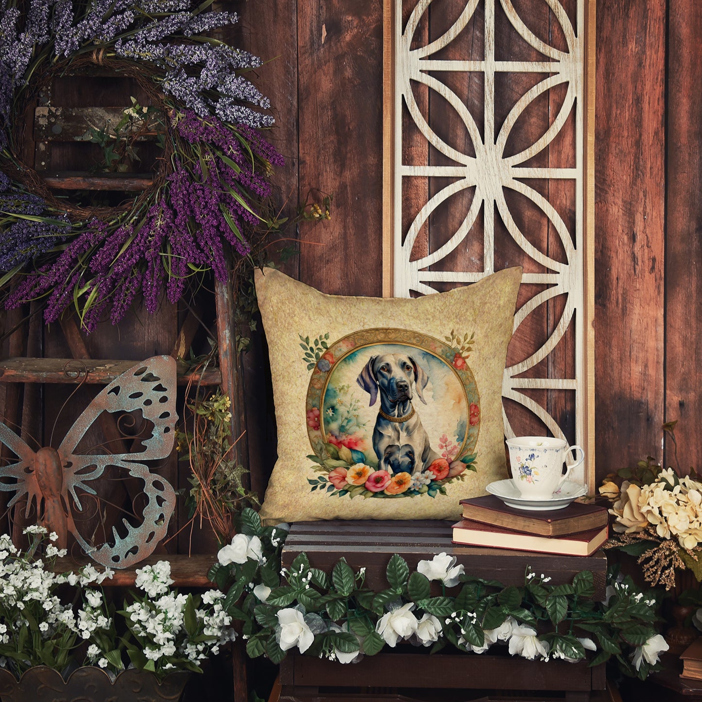 Weimaraner and Flowers Throw Pillow