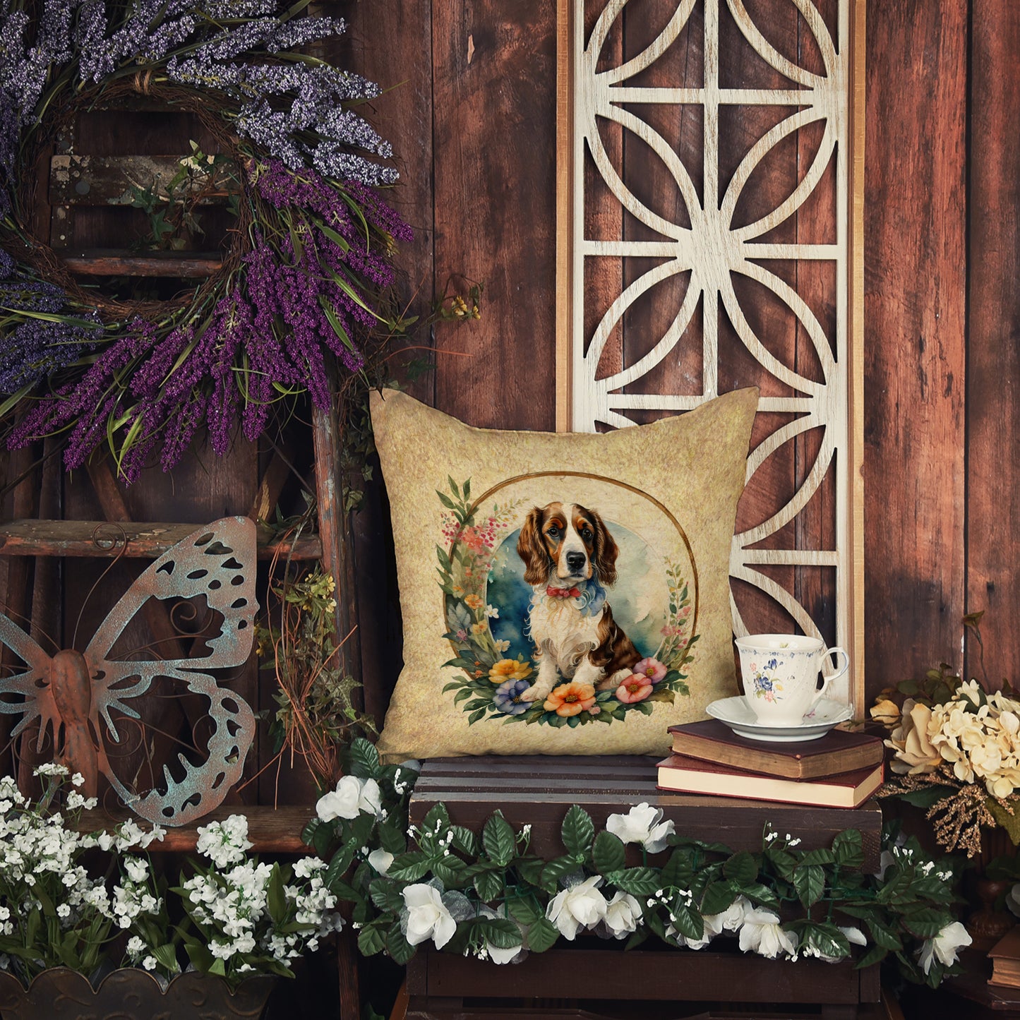 Welsh Springer Spaniel and Flowers Throw Pillow