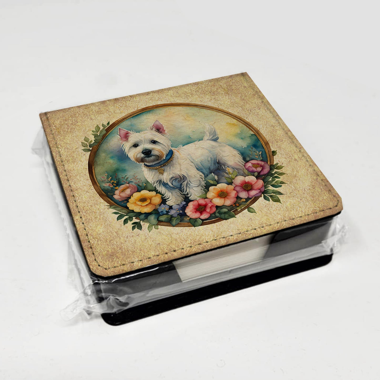Westie and Flowers PU Leather Note Paper Holder