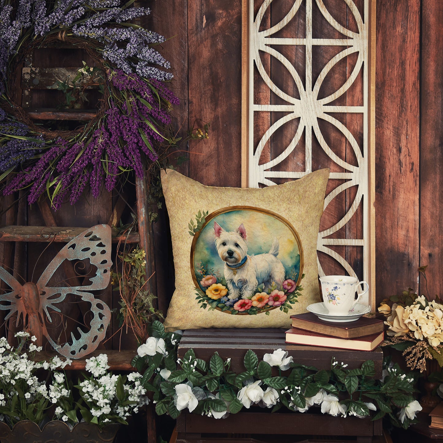 Westie and Flowers Throw Pillow