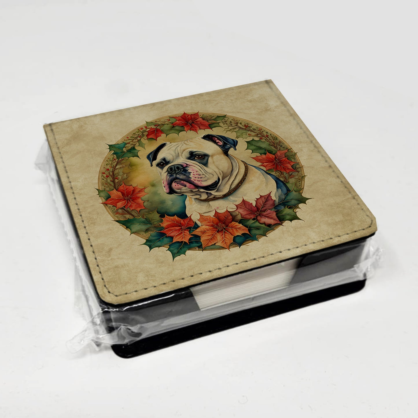 American Bulldog Christmas Flowers PU Leather Note Paper Holder
