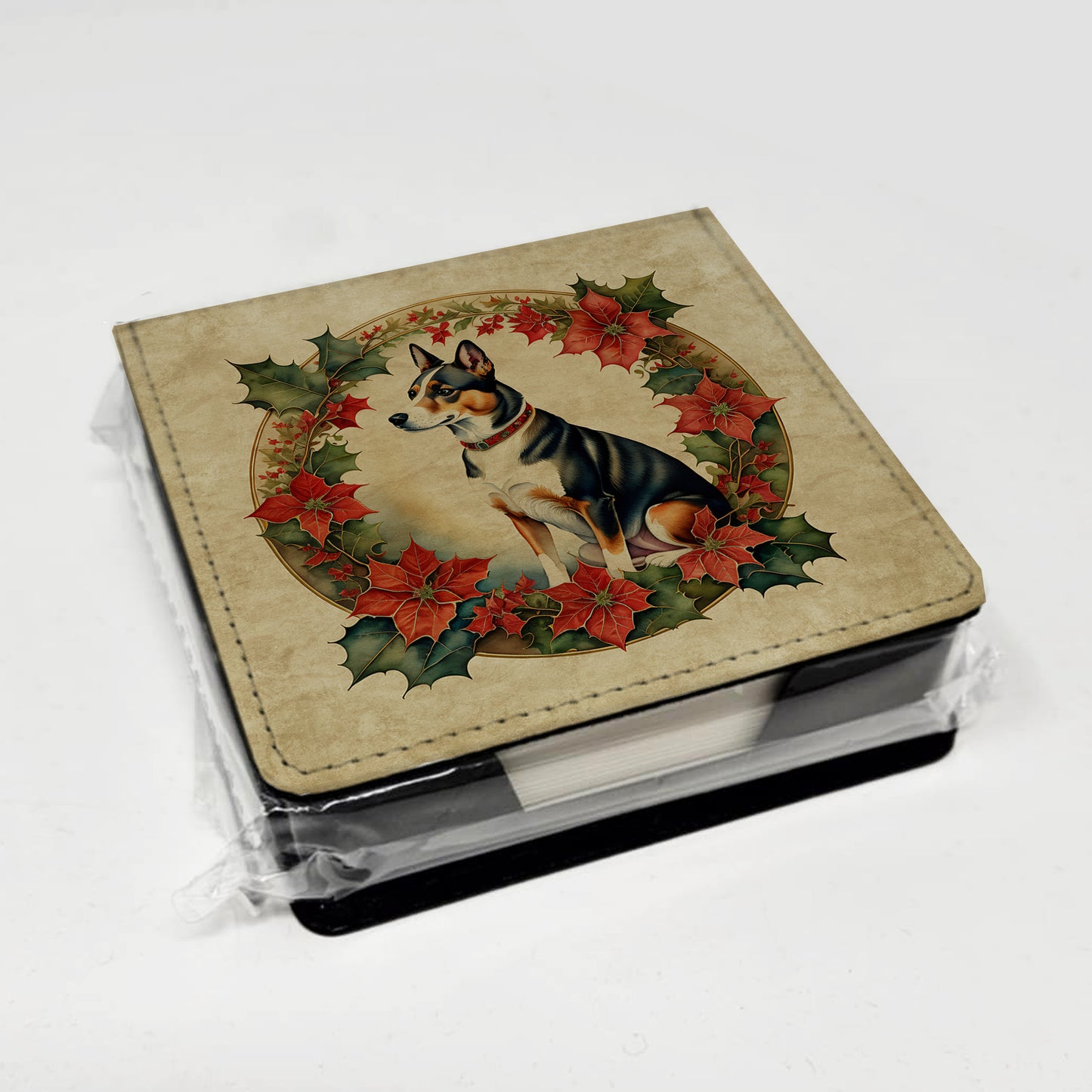 Basenji Christmas Flowers PU Leather Note Paper Holder