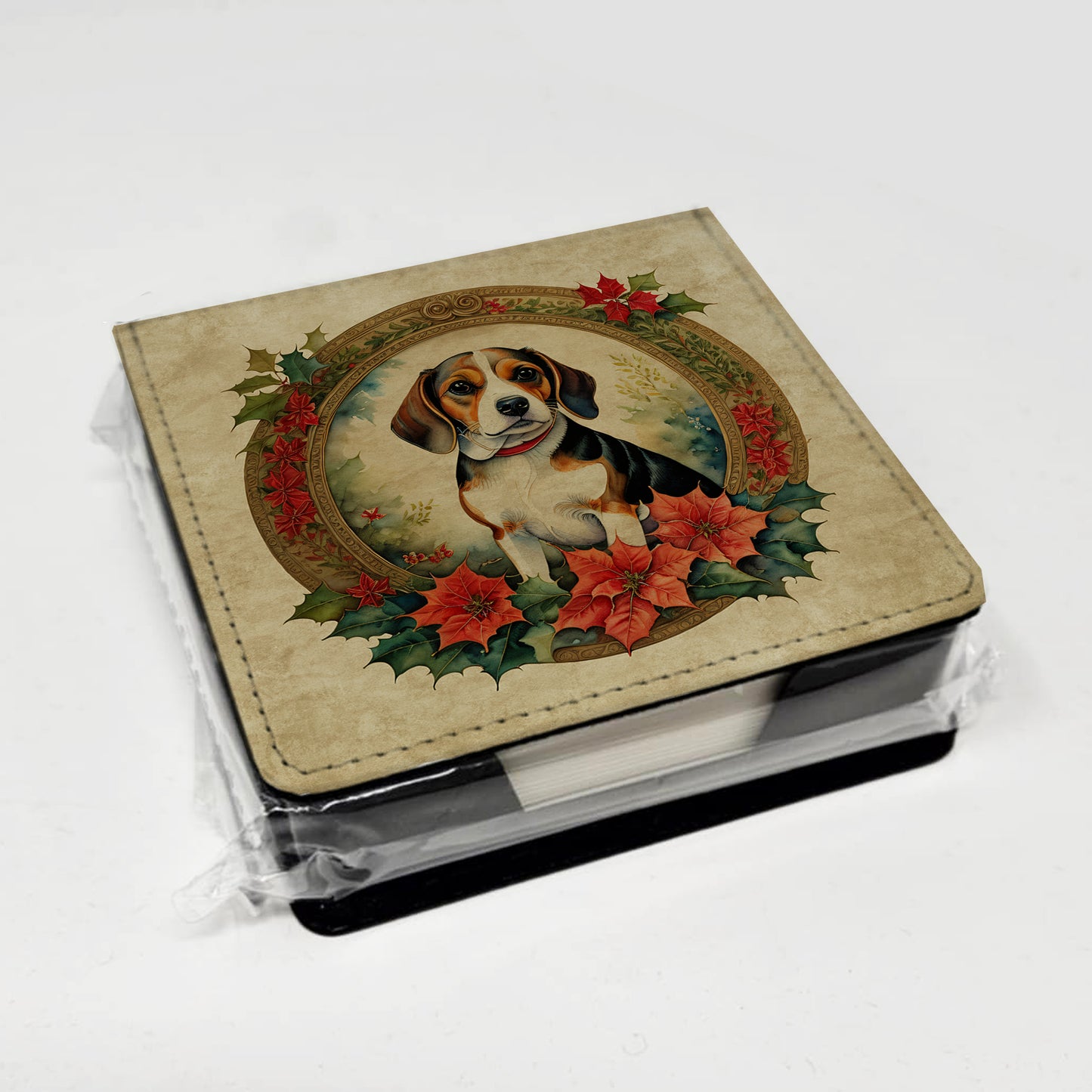 Beagle Christmas Flowers PU Leather Note Paper Holder
