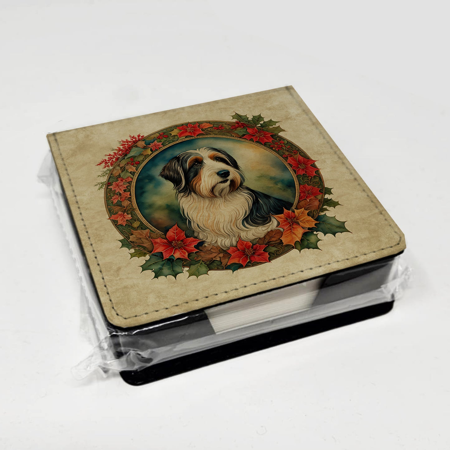 Bearded Collie Christmas Flowers PU Leather Note Paper Holder