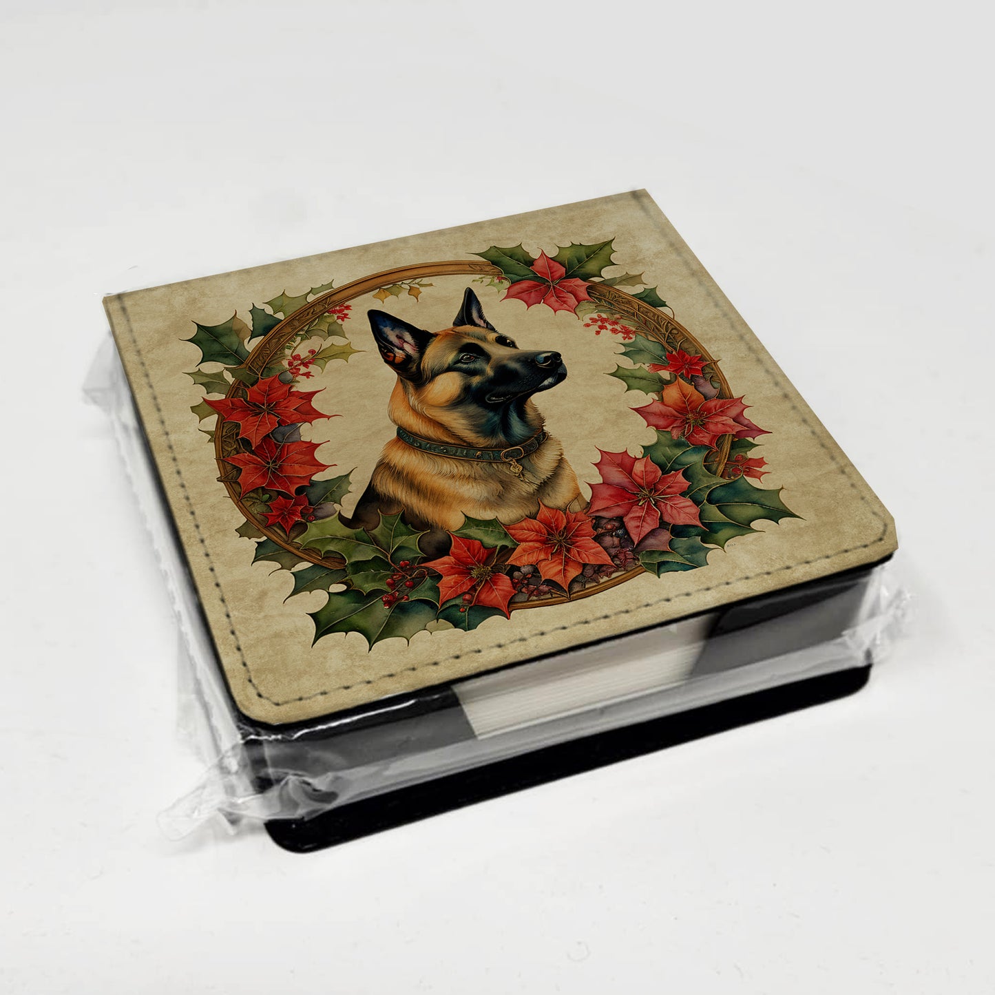Belgian Malinois Christmas Flowers PU Leather Note Paper Holder
