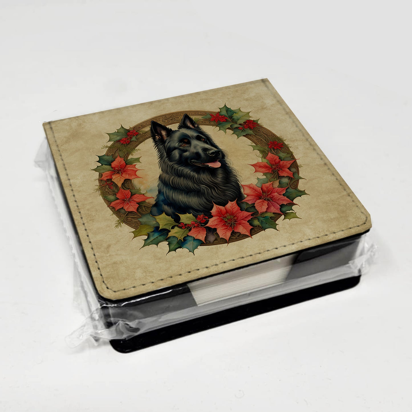 Belgian Sheepdog Christmas Flowers PU Leather Note Paper Holder