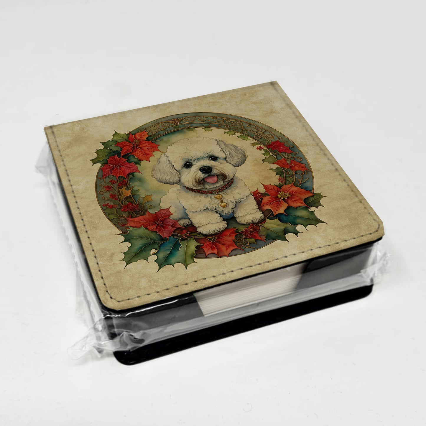 Bichon Frise Christmas Flowers PU Leather Note Paper Holder