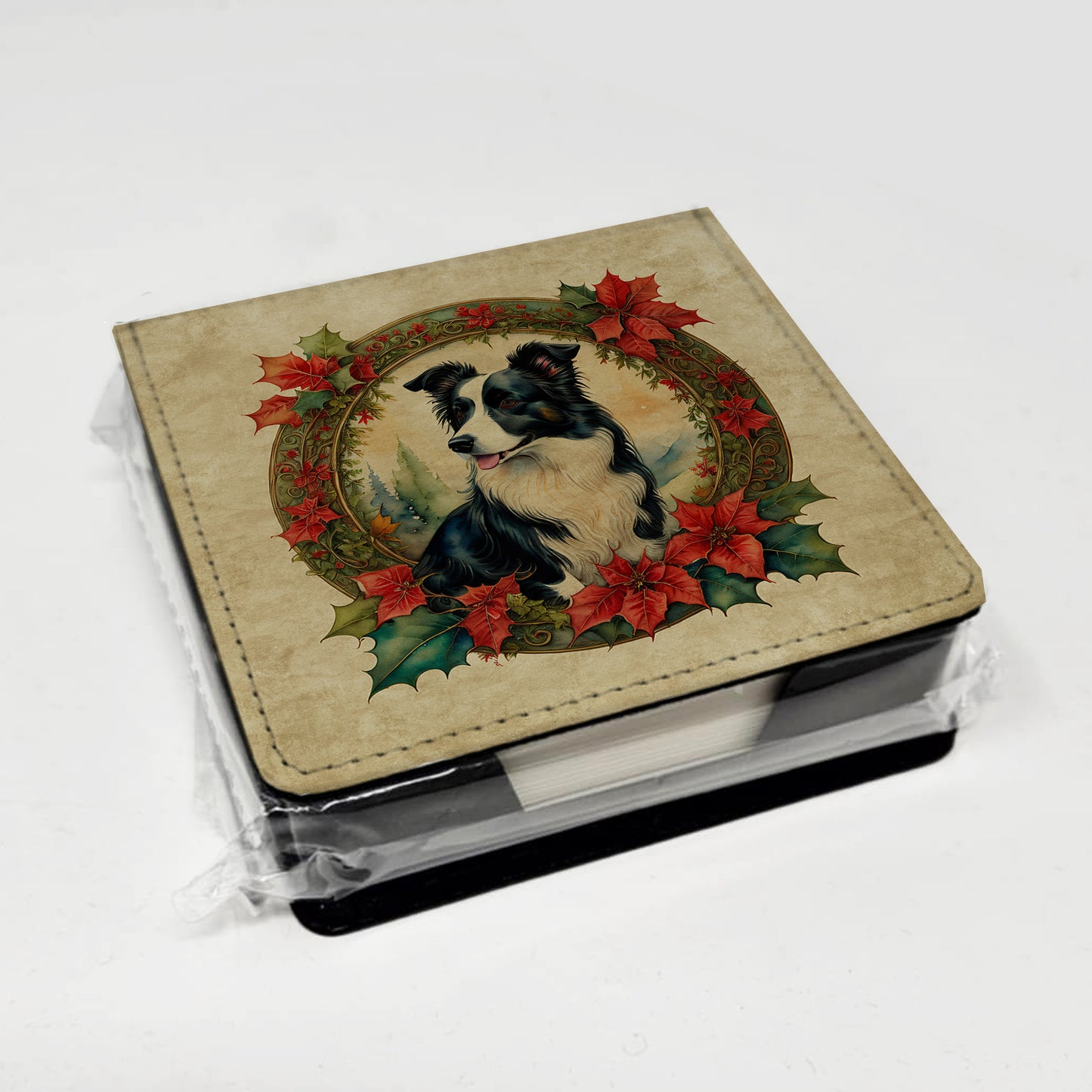 Border Collie Christmas Flowers PU Leather Note Paper Holder