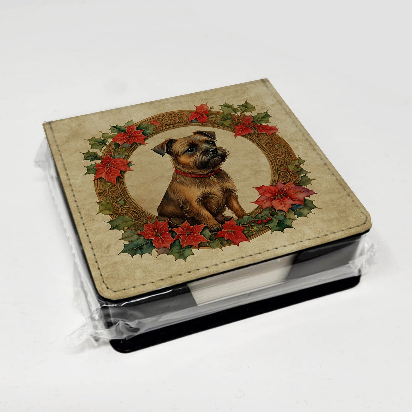 Border Terrier Christmas Flowers PU Leather Note Paper Holder