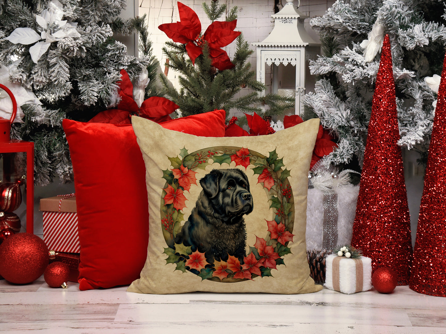 Bouvier des Flandres Christmas Flowers Throw Pillow