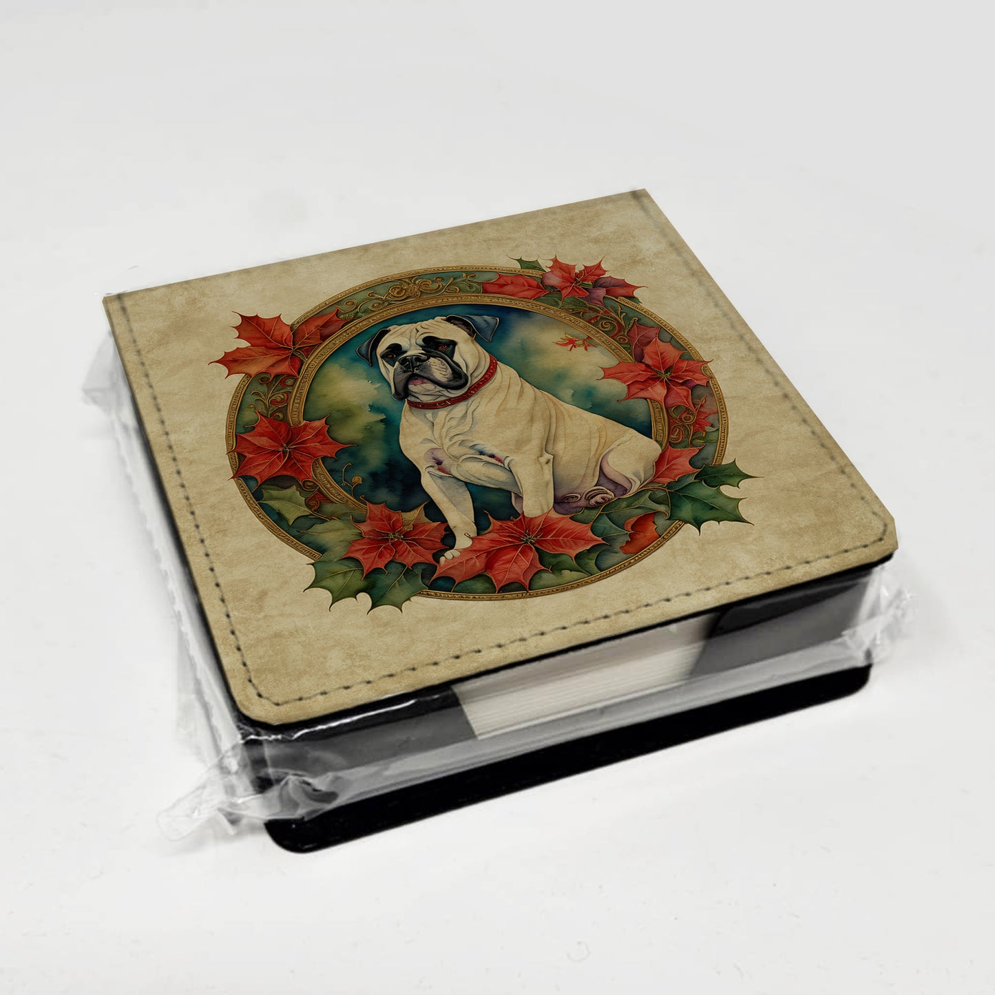 White Boxer Christmas Flowers PU Leather Note Paper Holder