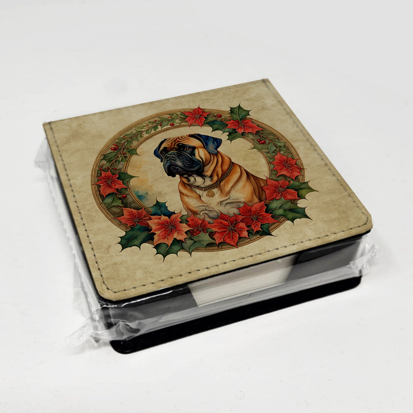 Bullmastiff Christmas Flowers PU Leather Note Paper Holder