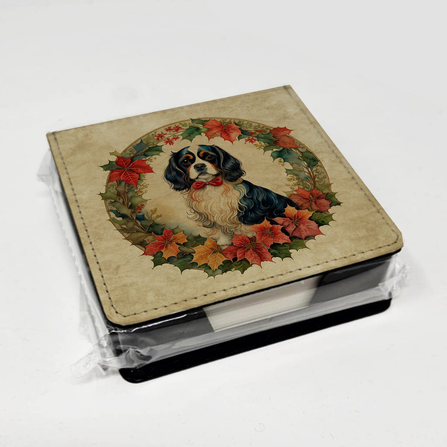 Cavalier Spaniel Christmas Flowers PU Leather Note Paper Holder
