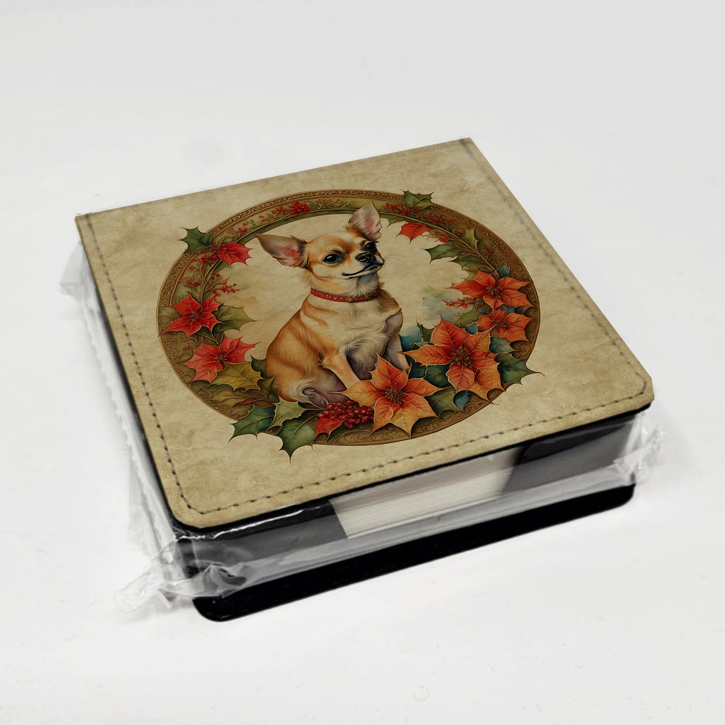 Chihuahua Christmas Flowers PU Leather Note Paper Holder