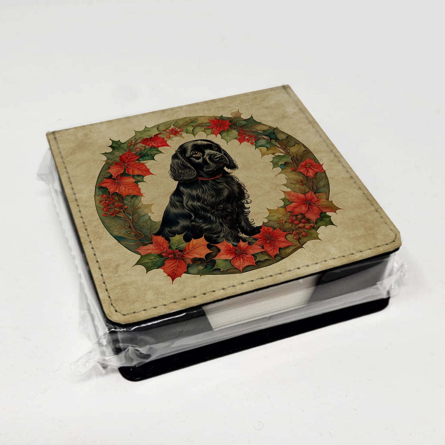 Cocker Spaniel Christmas Flowers PU Leather Note Paper Holder