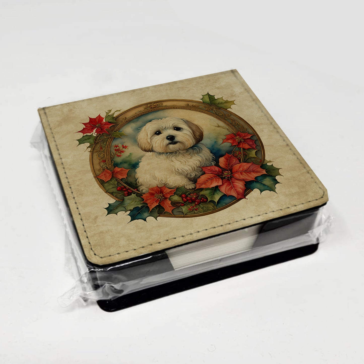 Coton De Tulear Christmas Flowers PU Leather Note Paper Holder