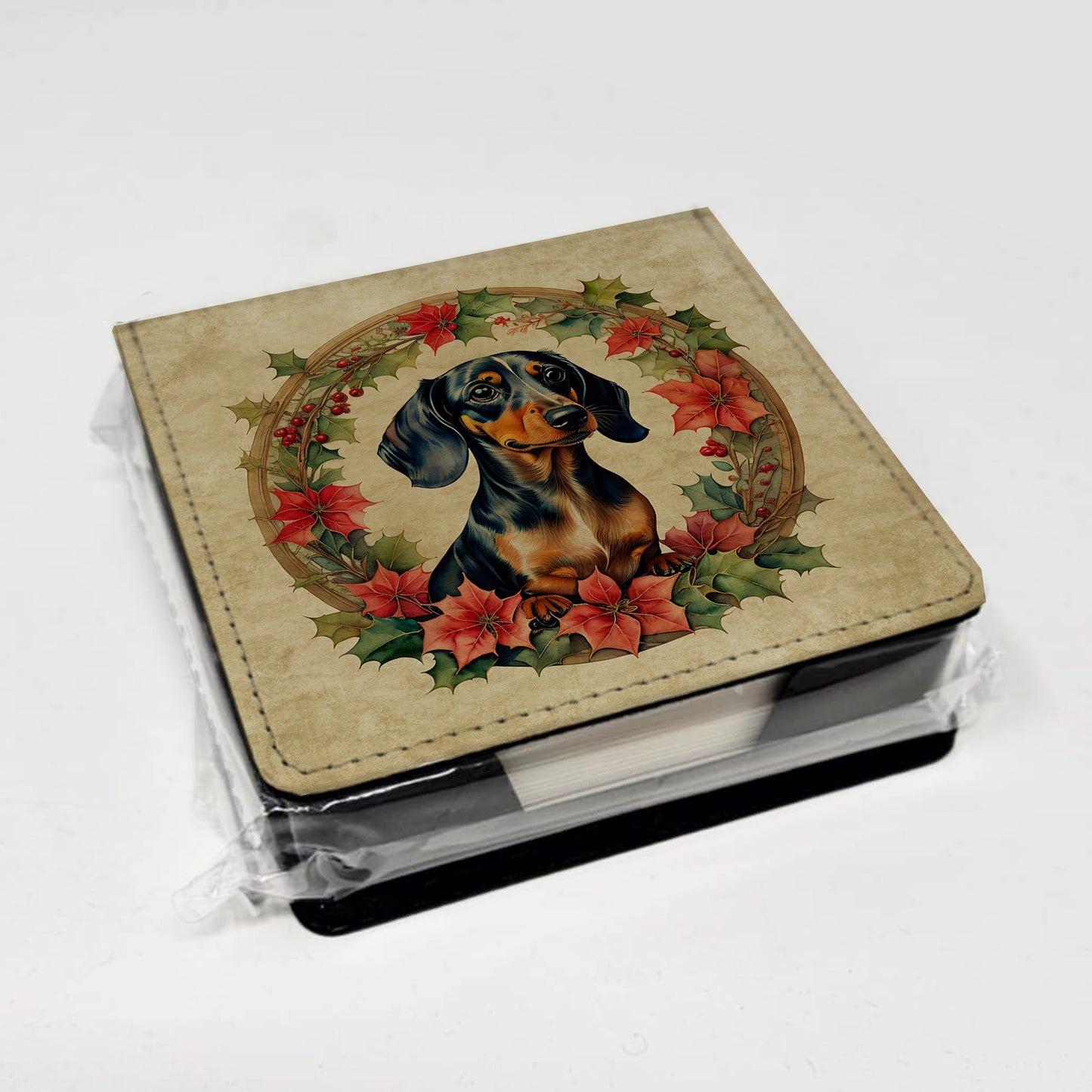 Dachshund Christmas Flowers PU Leather Note Paper Holder