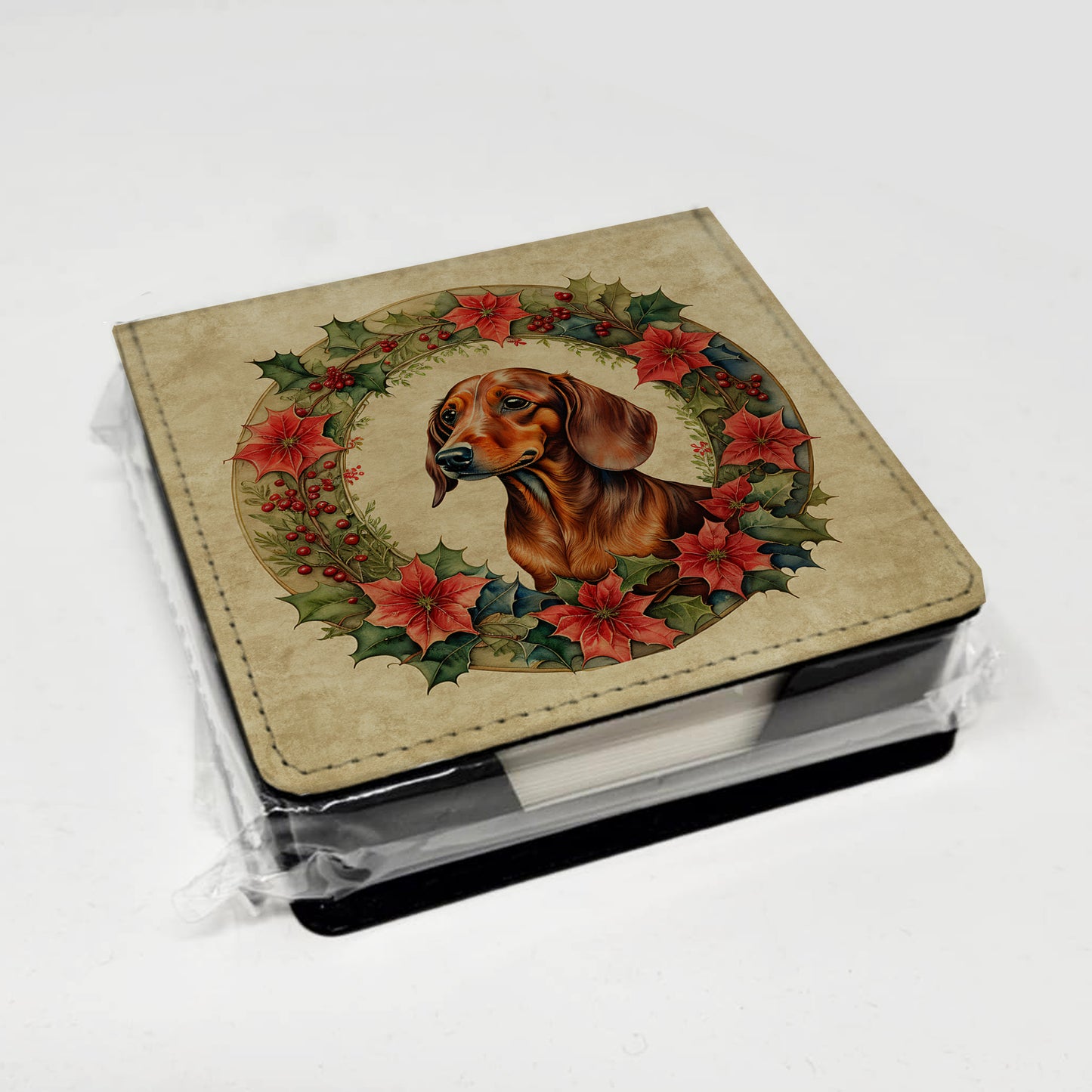 Dachshund Christmas Flowers PU Leather Note Paper Holder