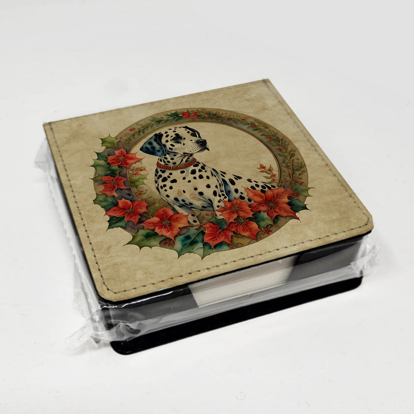 Dalmatian Christmas Flowers PU Leather Note Paper Holder