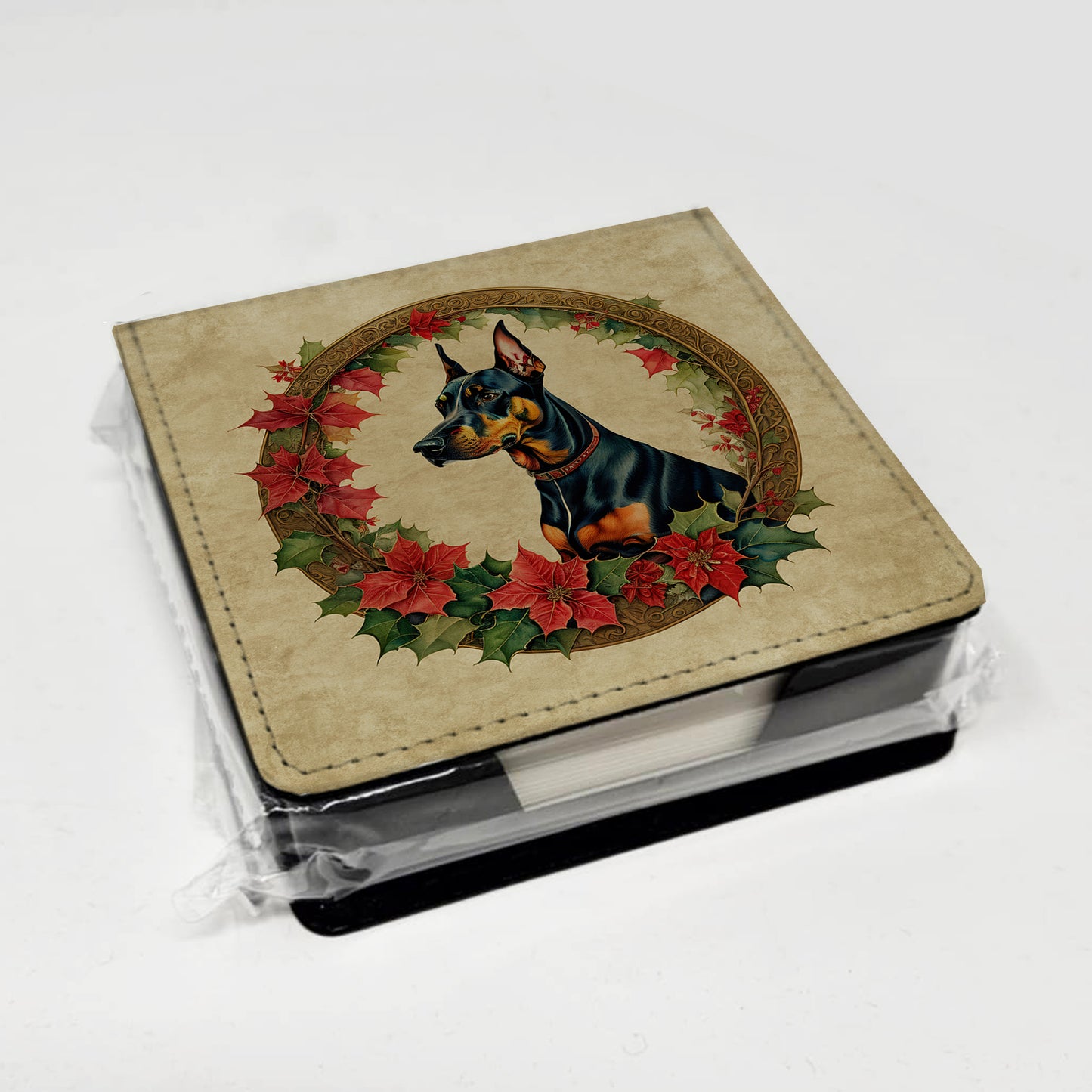 Doberman Pinscher Christmas Flowers PU Leather Note Paper Holder