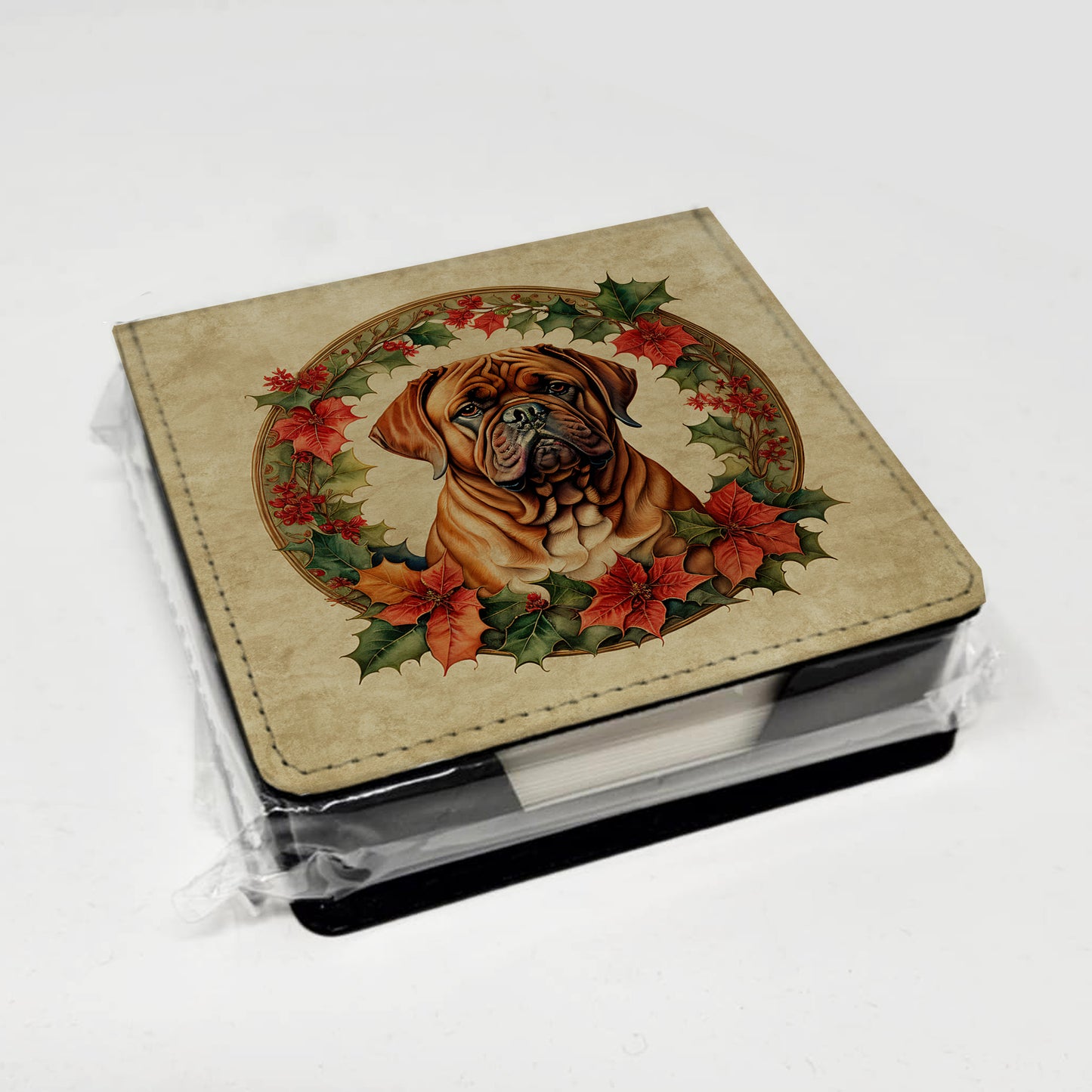 Dogue de Bordeaux Christmas Flowers PU Leather Note Paper Holder