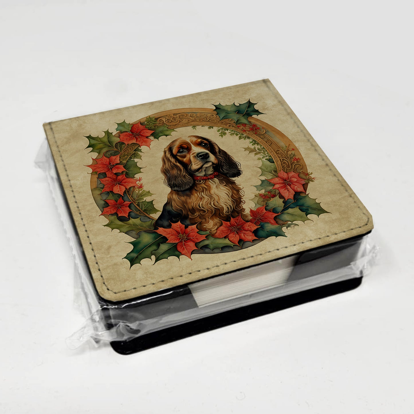 English Cocker Spaniel Christmas Flowers PU Leather Note Paper Holder