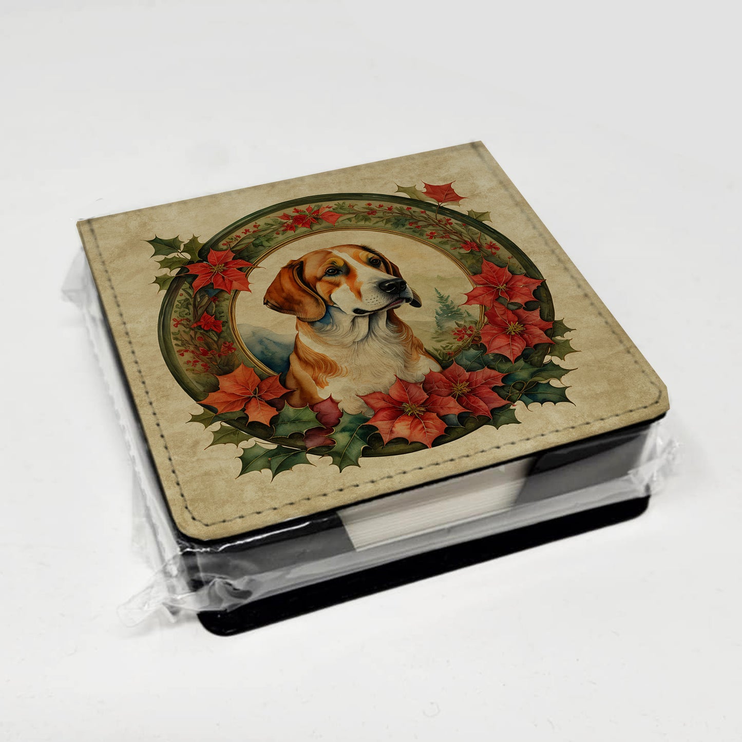 English Foxhound Christmas Flowers PU Leather Note Paper Holder