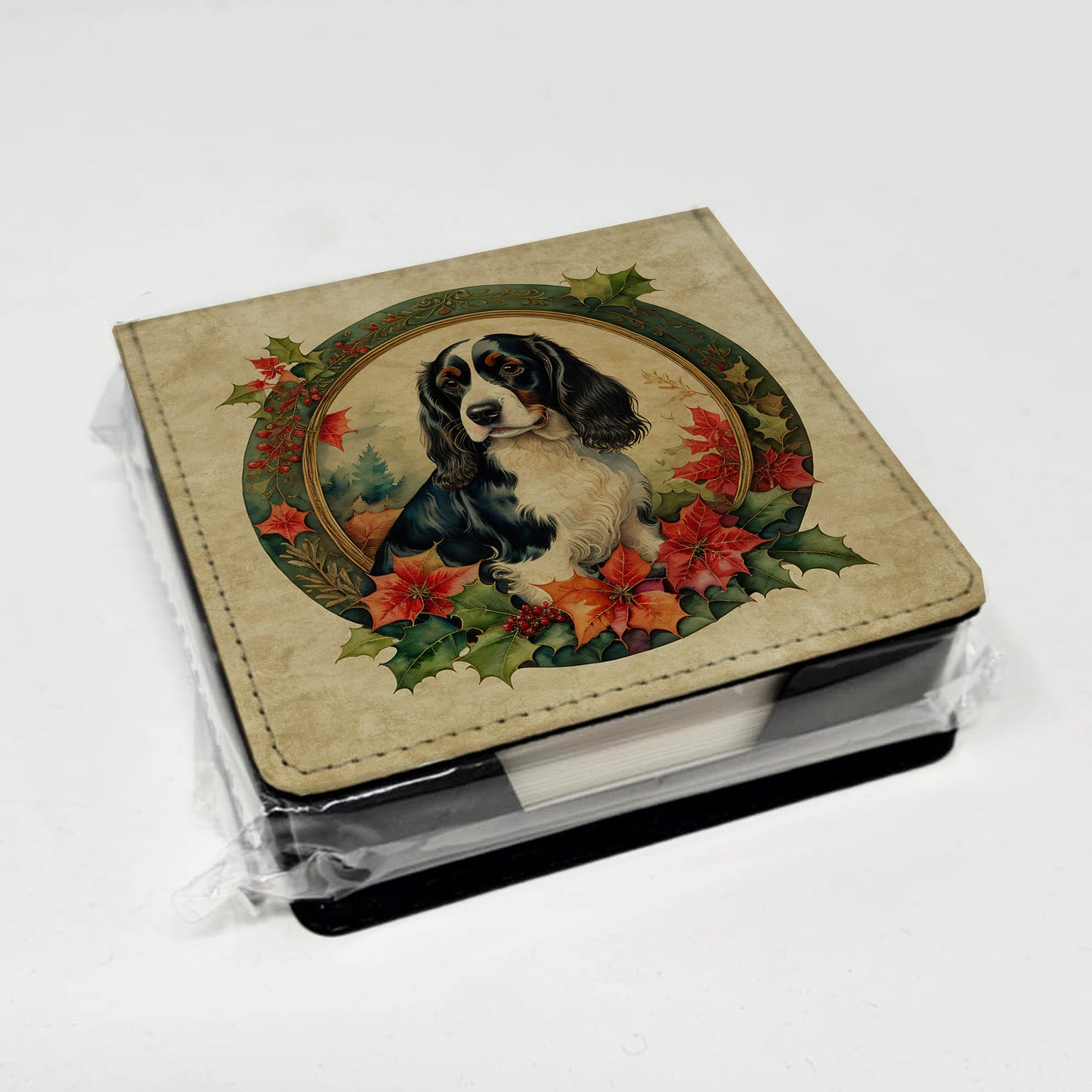 English Springer Spaniel Christmas Flowers PU Leather Note Paper Holder