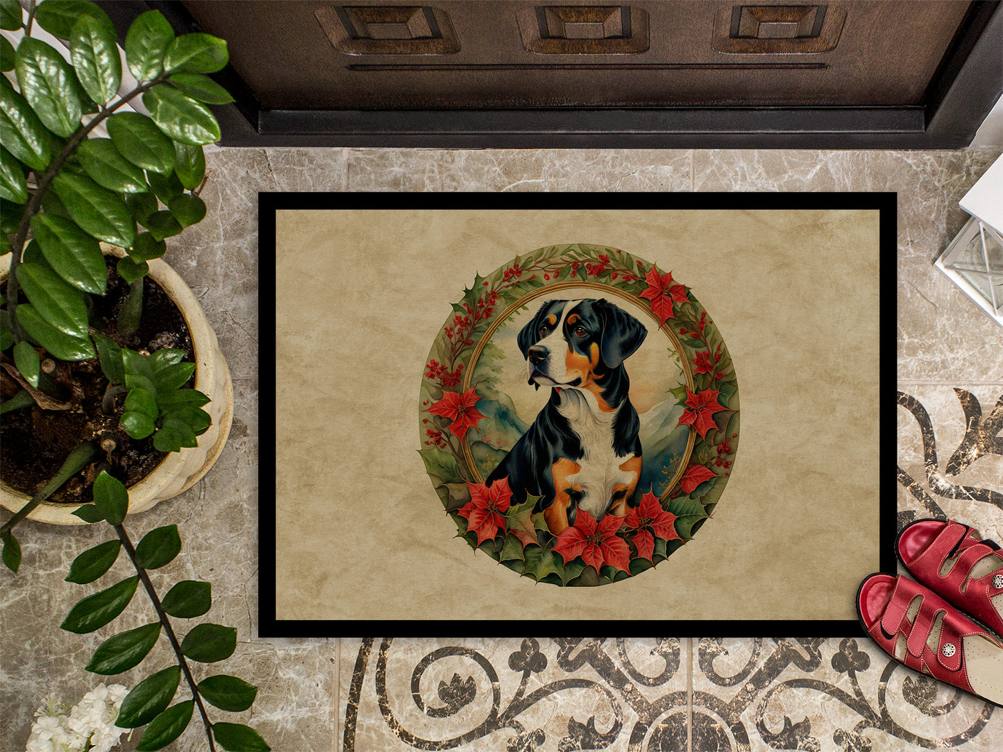 Entlebucher Mountain Dog Christmas Flowers Doormat