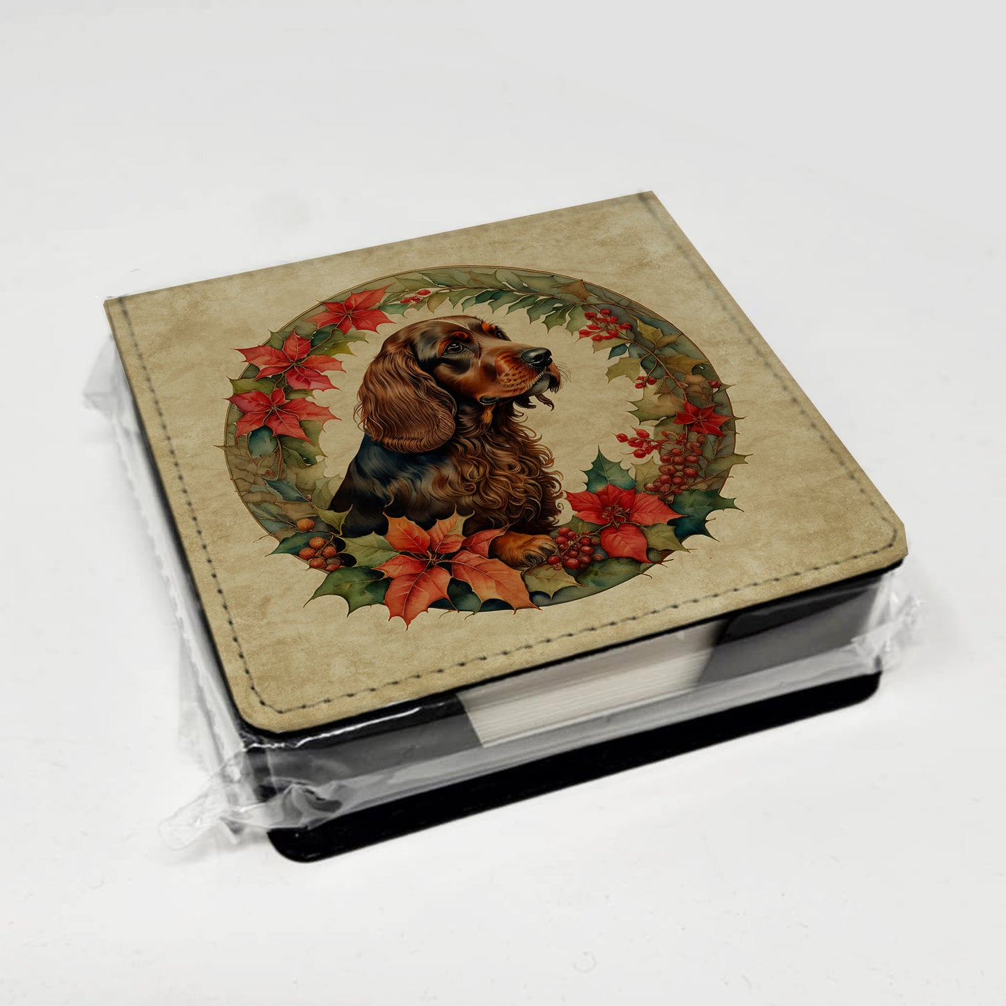 Field Spaniel Christmas Flowers PU Leather Note Paper Holder
