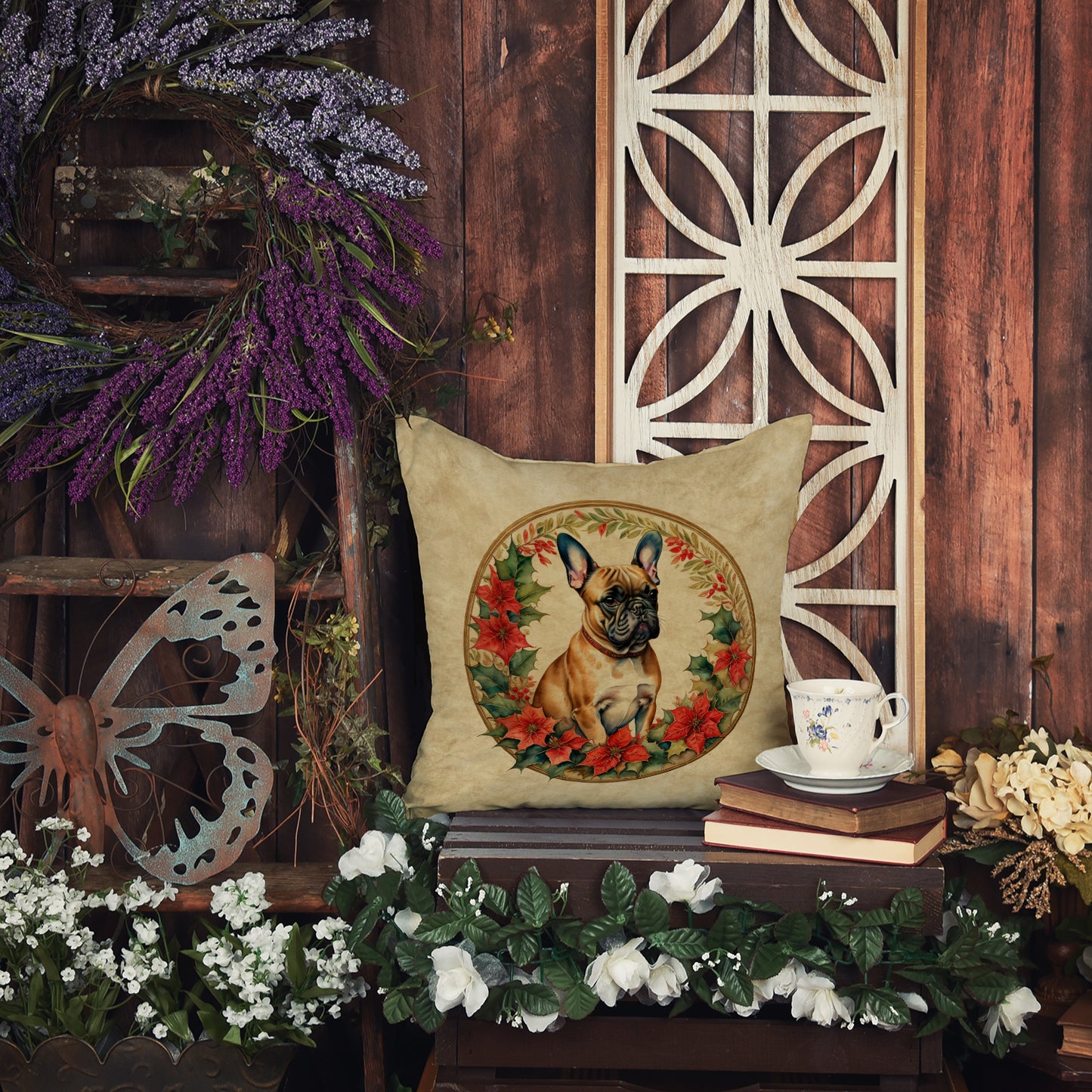 French Bulldog Christmas Flowers Throw Pillow