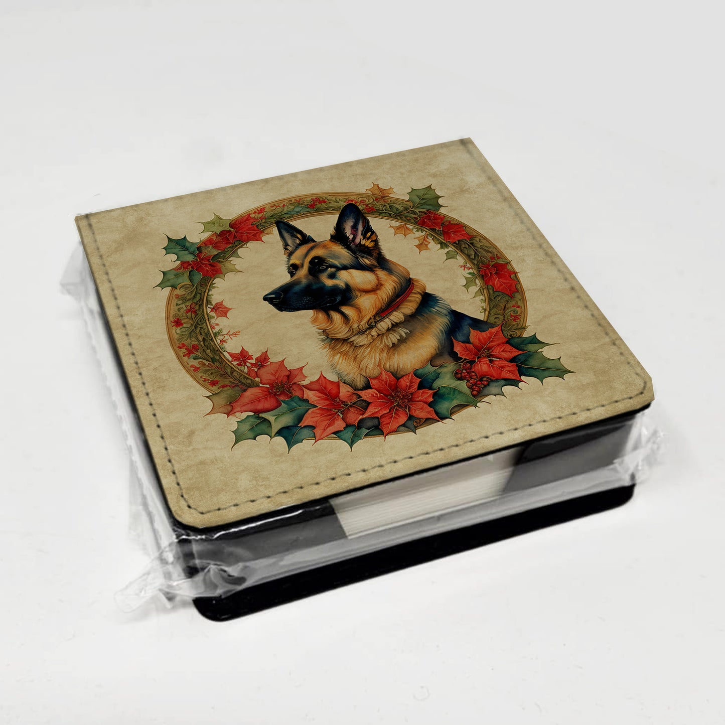 German Shepherd Christmas Flowers PU Leather Note Paper Holder