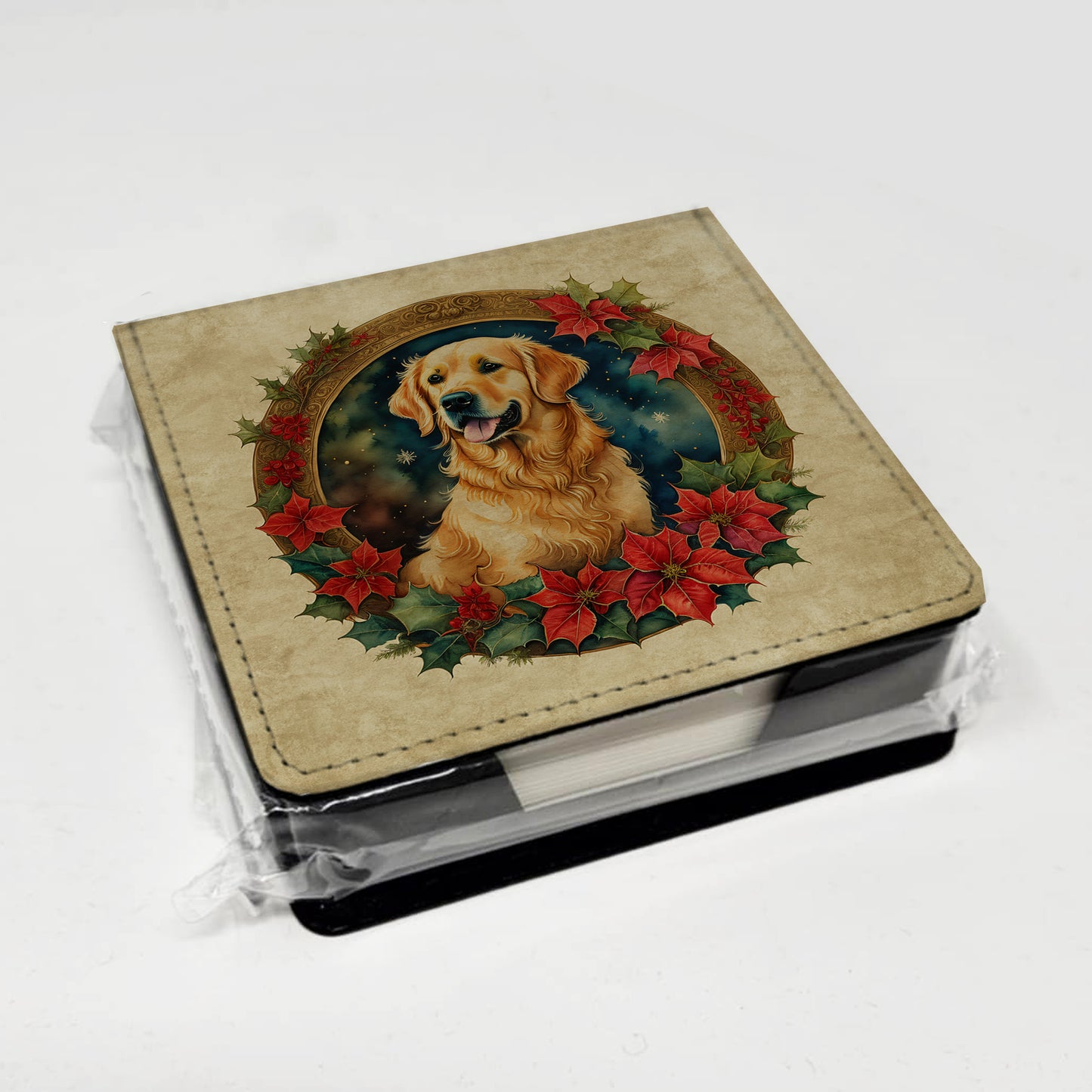 Golden Retriever Christmas Flowers PU Leather Note Paper Holder