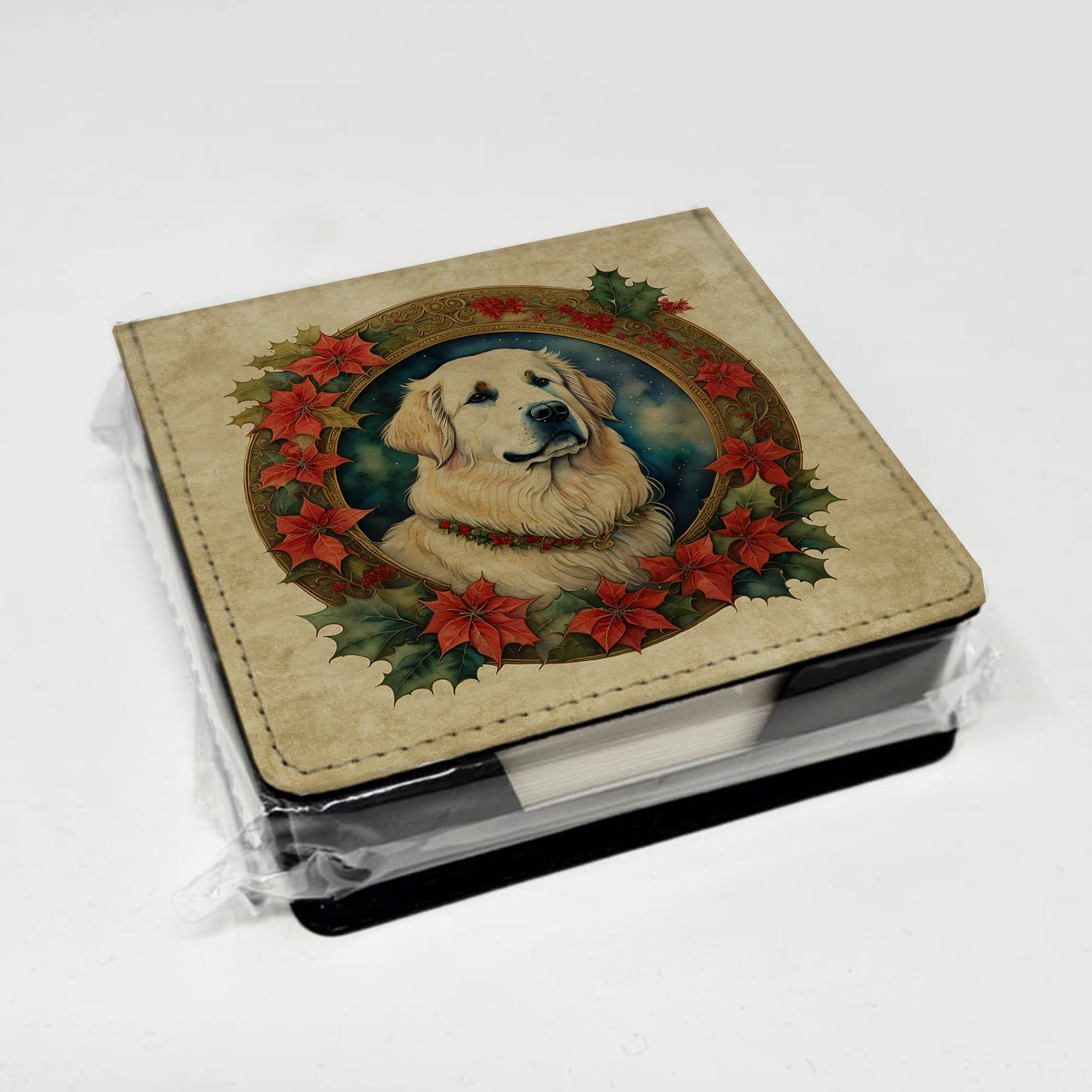 Great Pyrenees Christmas Flowers PU Leather Note Paper Holder