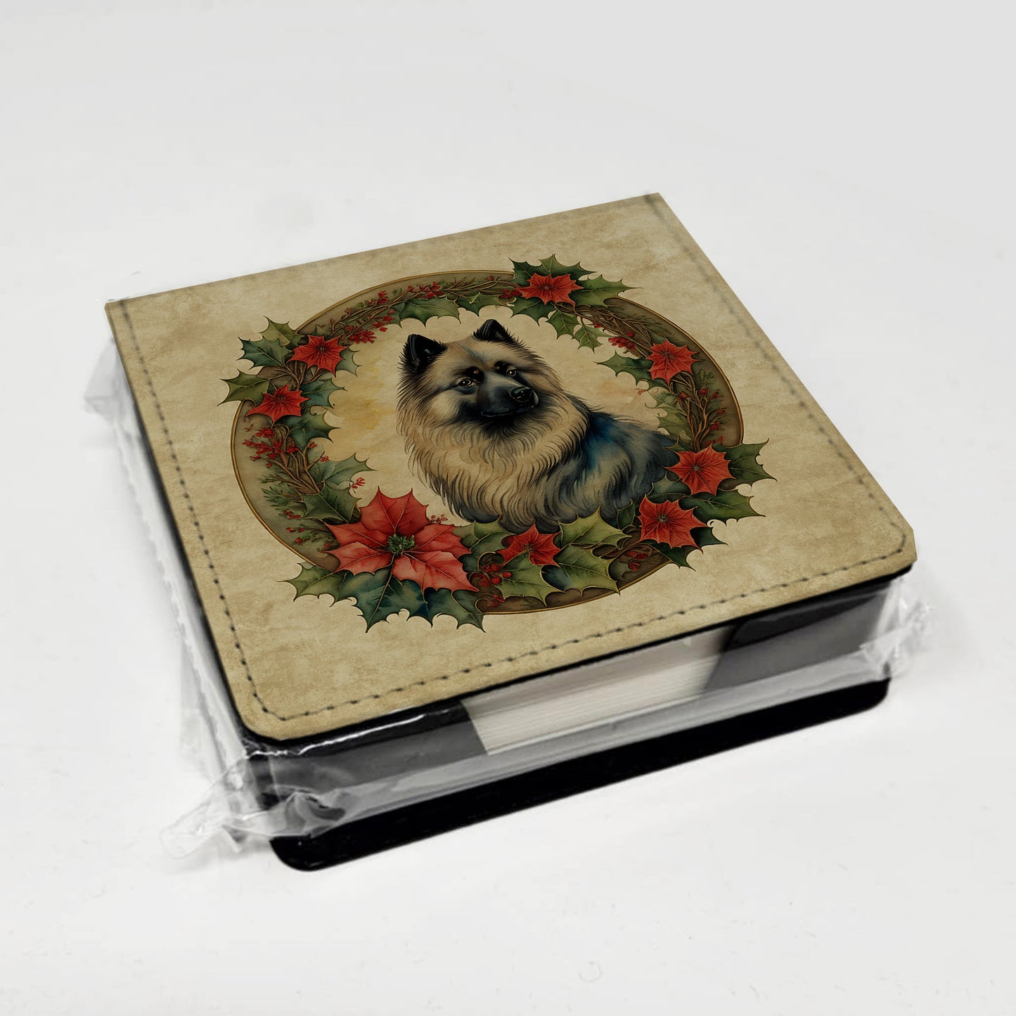 Keeshond Christmas Flowers PU Leather Note Paper Holder
