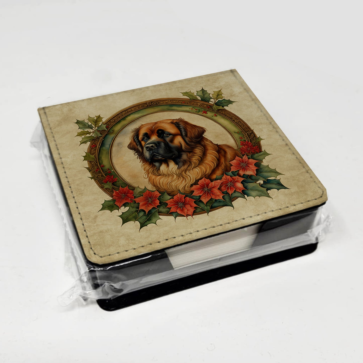 Leonberger Christmas Flowers PU Leather Note Paper Holder