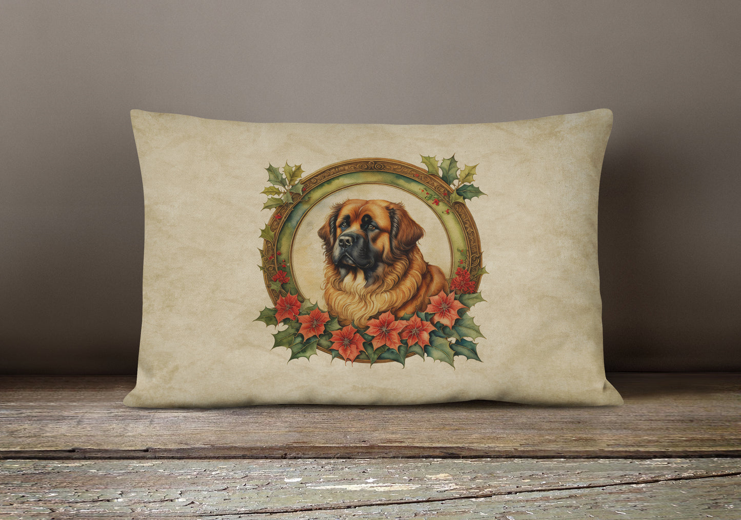 Leonberger Christmas Flowers Throw Pillow
