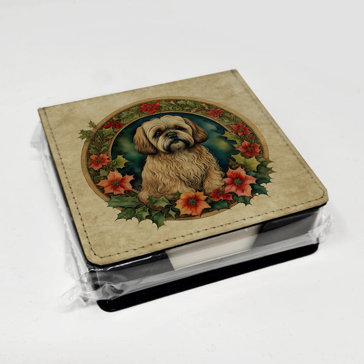 Lhasa Apso Christmas Flowers PU Leather Note Paper Holder