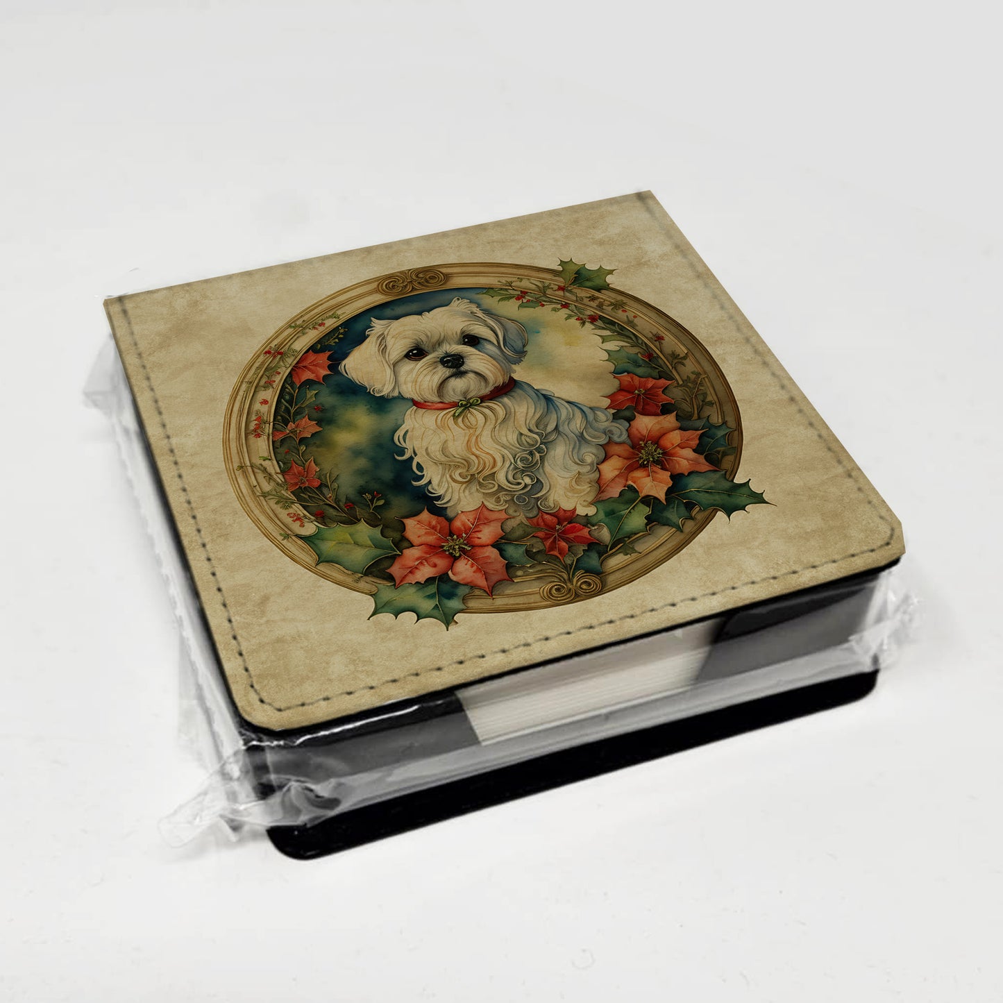 Maltese Christmas Flowers PU Leather Note Paper Holder