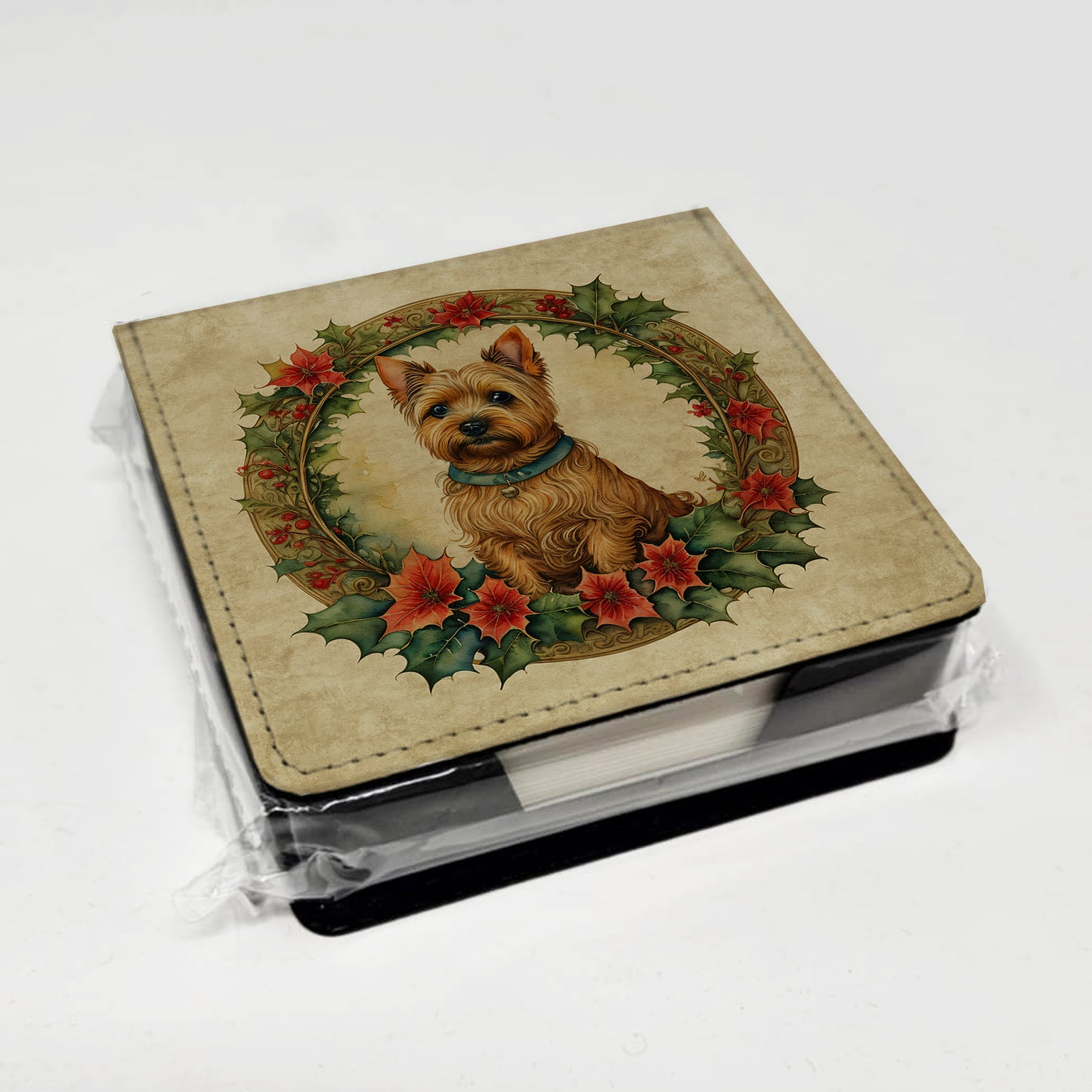 Norwich Terrier Christmas Flowers PU Leather Note Paper Holder