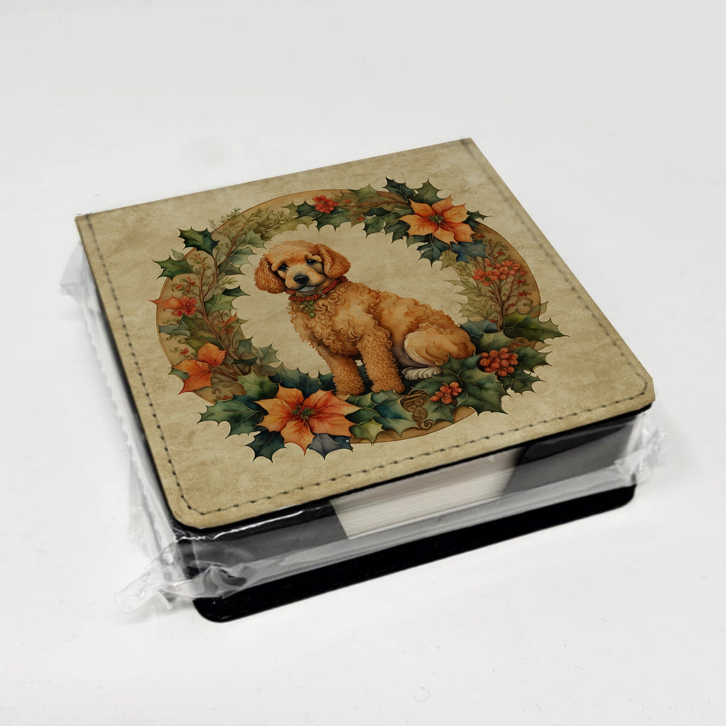 Poodle Christmas Flowers PU Leather Note Paper Holder